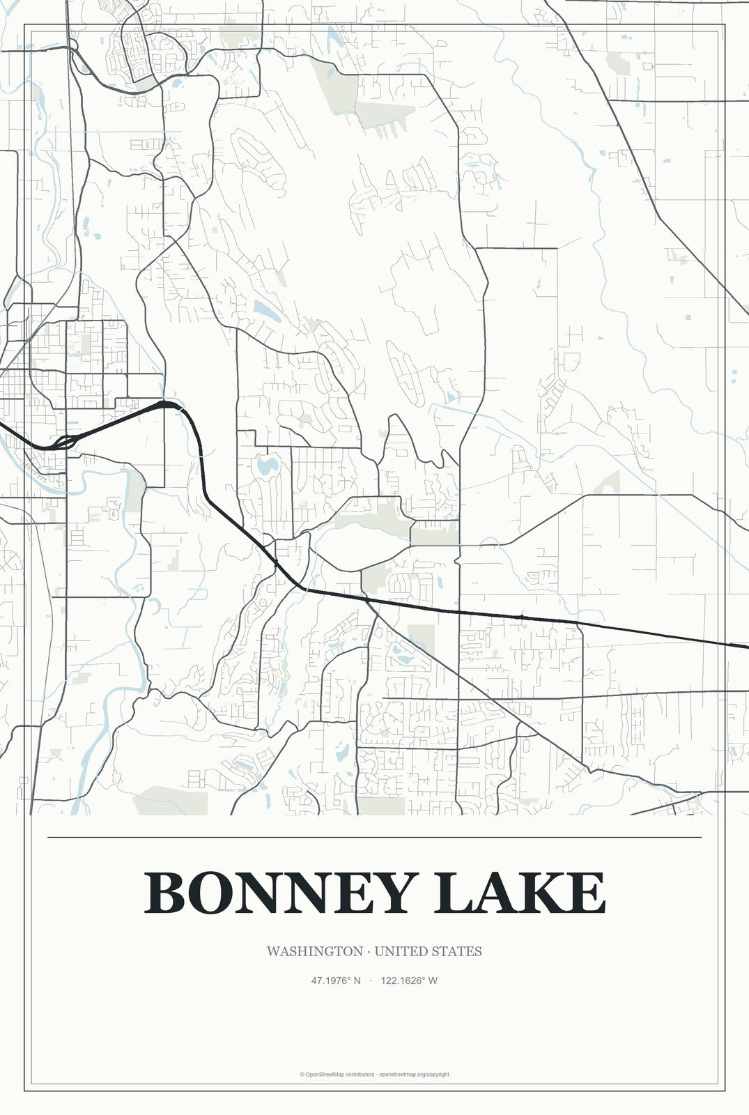 Bonney Lake, Washington City Map Aluminum Sign in Gallery Air style