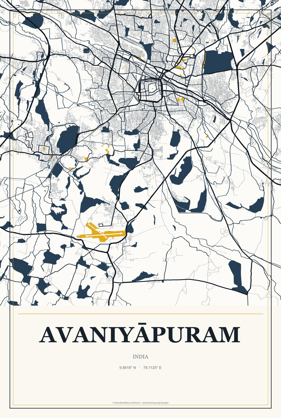 Avaniyāpuram, India City Map Aluminum Sign in Citrine Modern style