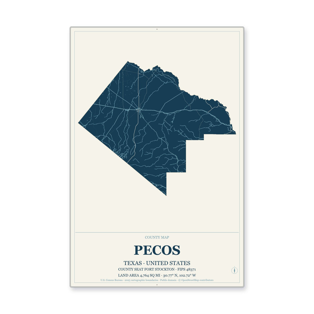 Pecos County, Texas Map Aluminum Sign in Coastal Cutout style