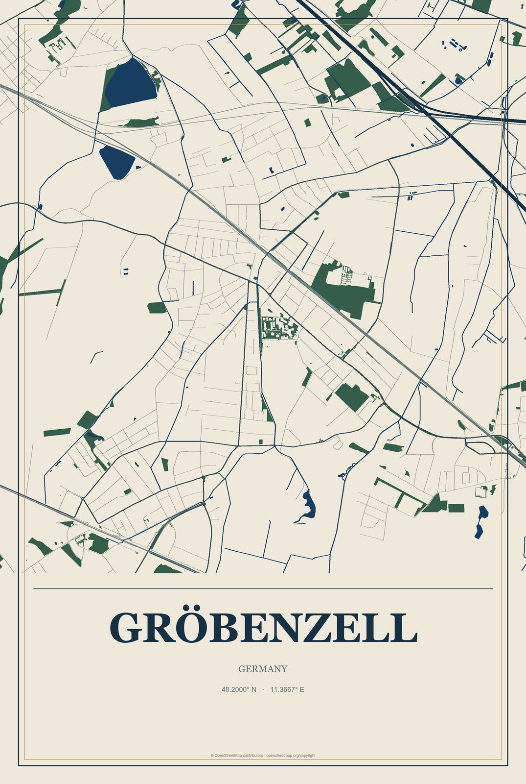 Gröbenzell, Germany City Map Aluminum Sign in Coastal Cutout style