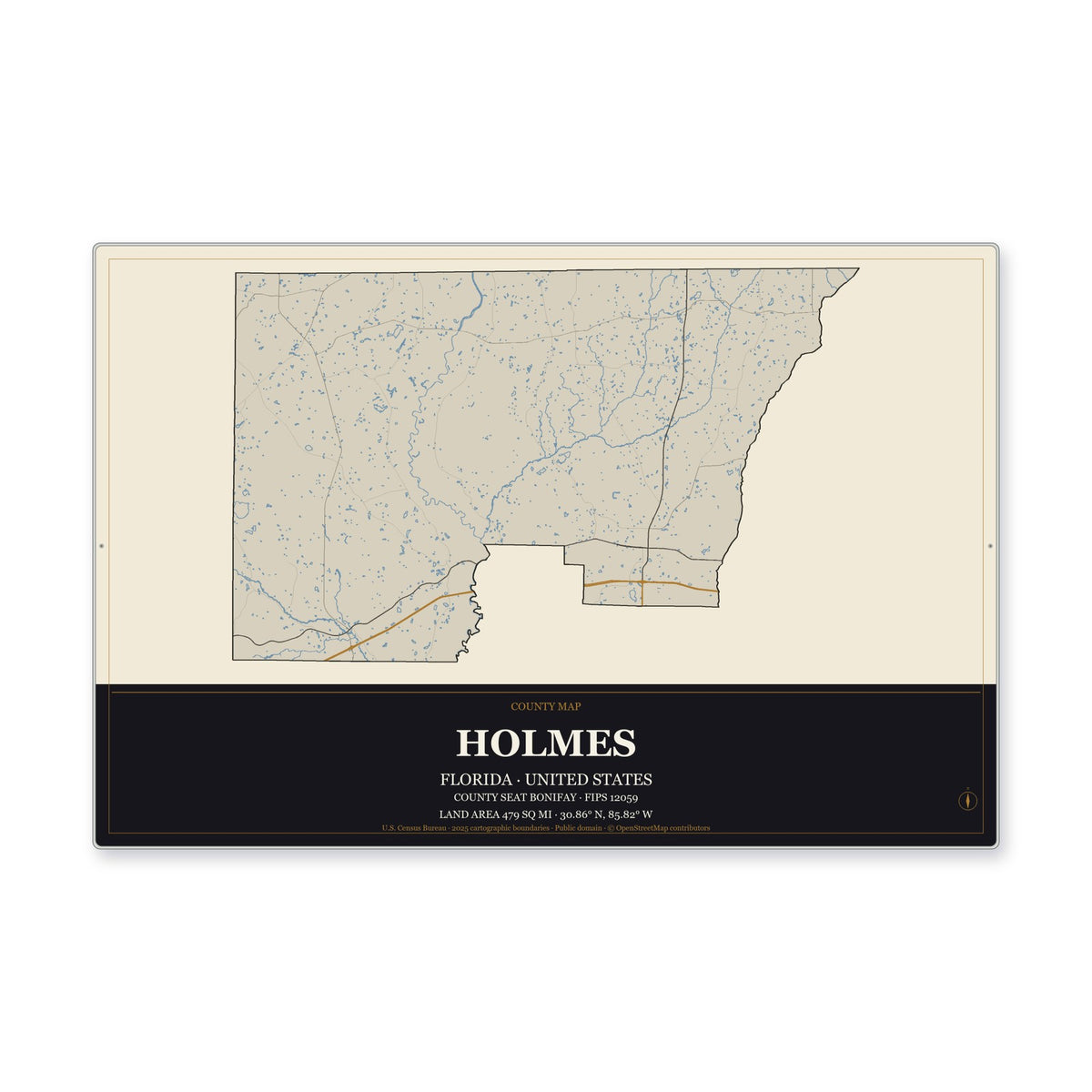 Holmes County, Florida Map Aluminum Sign in Museum Plaque style