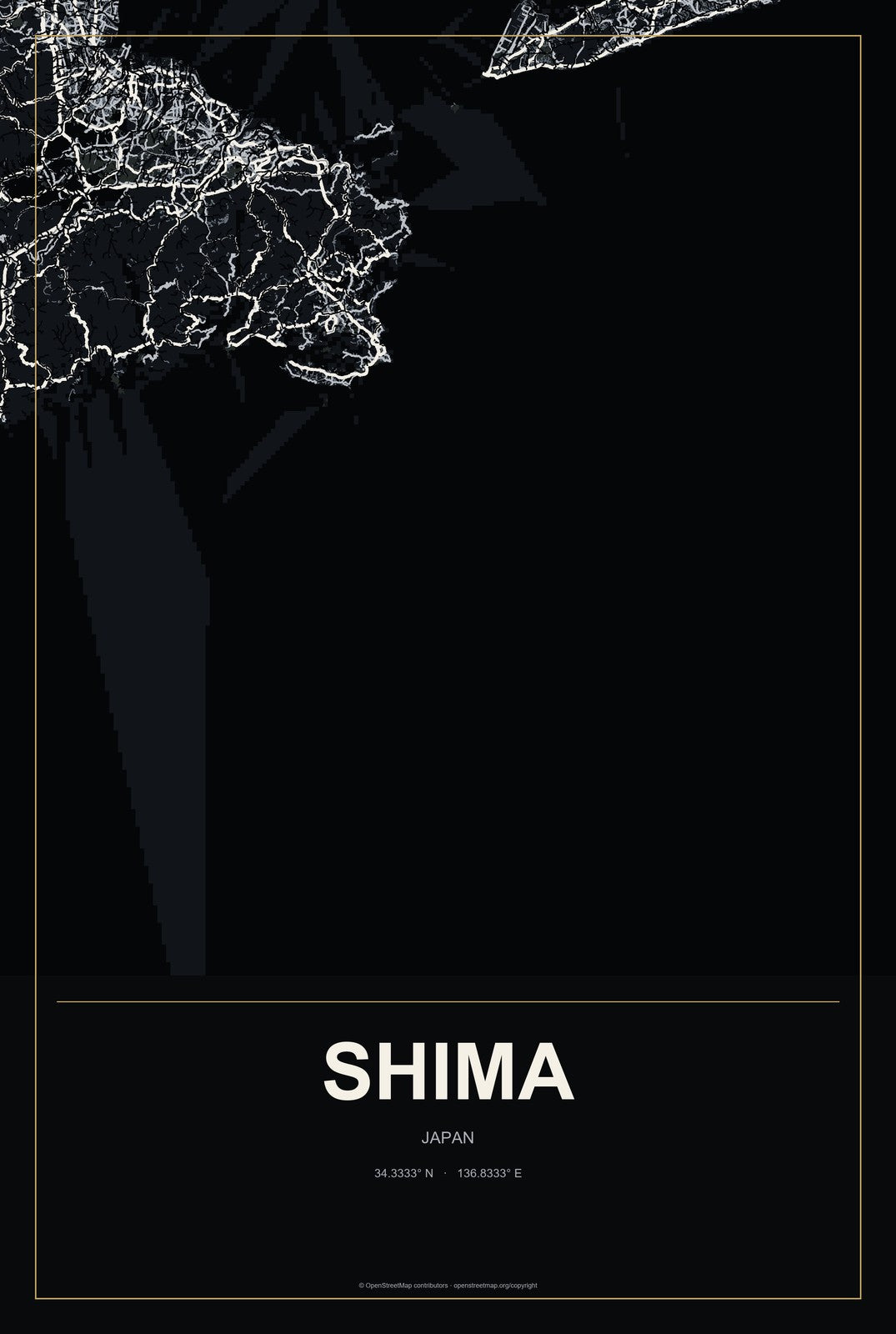 Shima, Japan City Map Aluminum Sign in Metropolitan Noir style