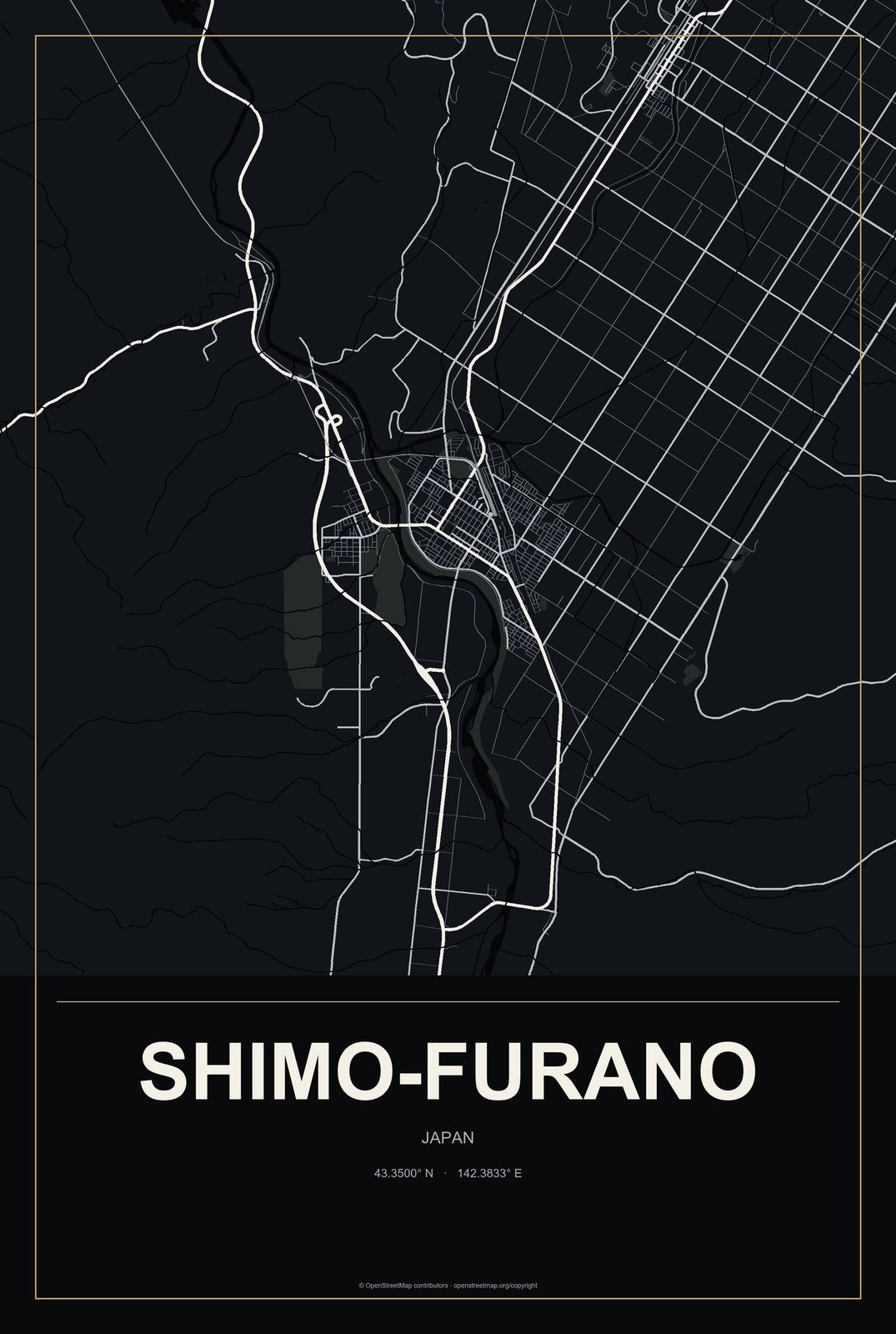 Shimo-furano, Japan City Map Aluminum Sign in Metropolitan Noir style