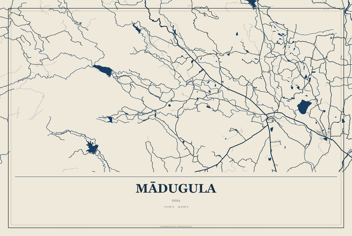 Mādugula, India City Map Aluminum Sign in Coastal Cutout style