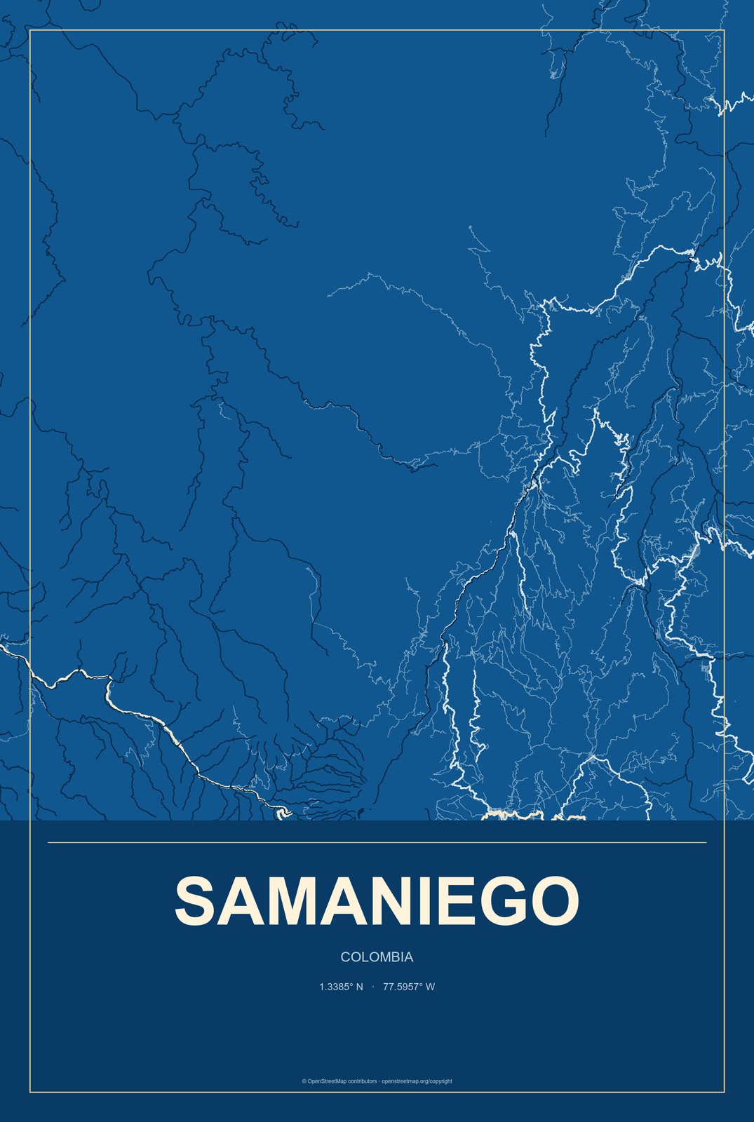 Samaniego, Colombia City Map Aluminum Sign in Harbor Cobalt style
