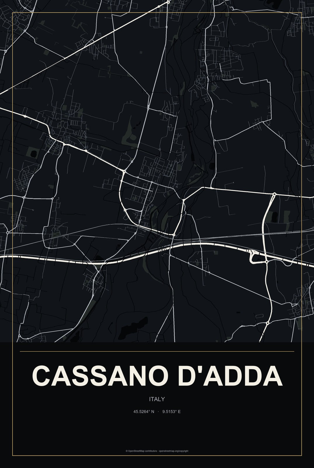 Cassano d'Adda, Italy City Map Aluminum Sign in Metropolitan Noir style