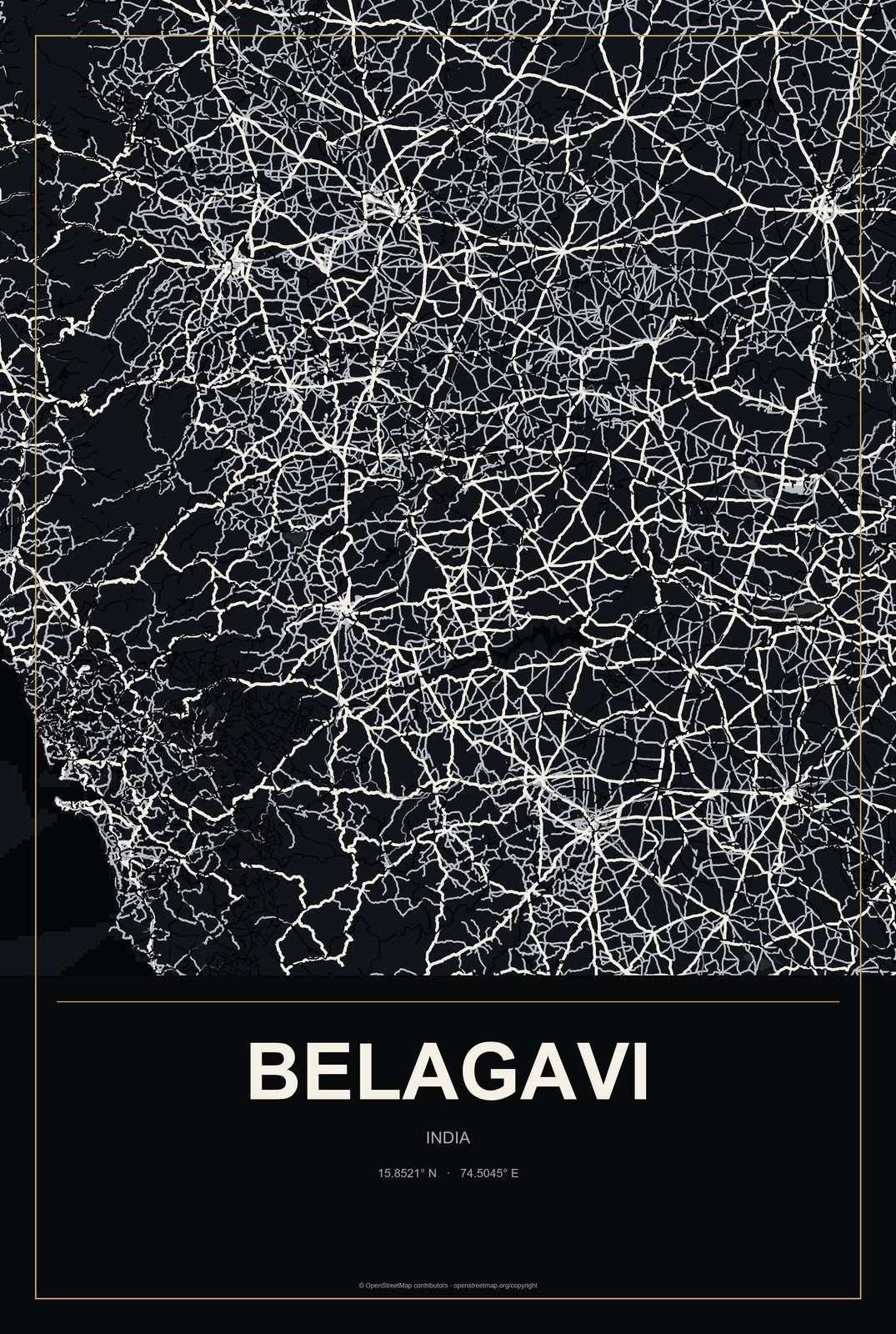 Belagavi, India City Map Aluminum Sign in Metropolitan Noir style
