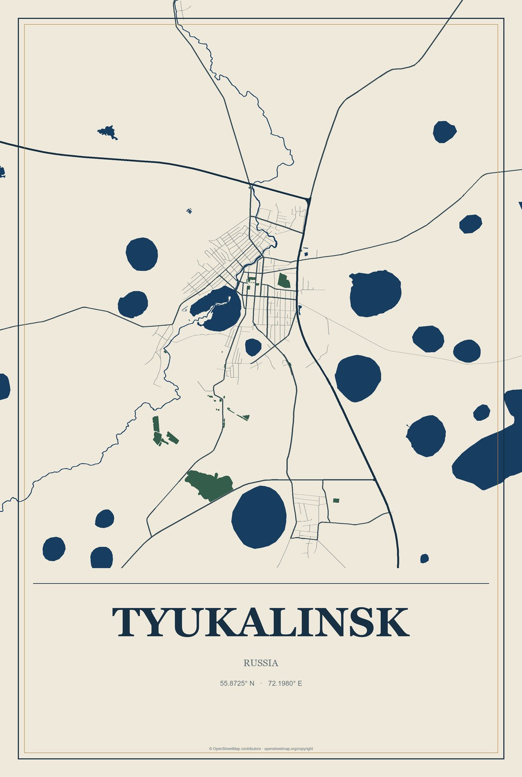 Tyukalinsk, Russia City Map Aluminum Sign in Coastal Cutout style