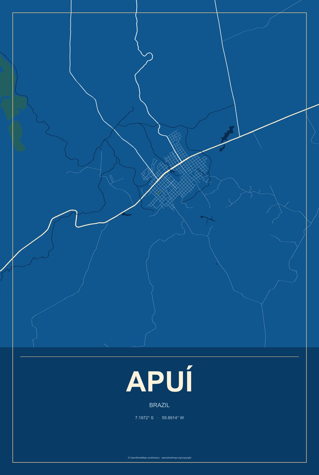 Apuí, Brazil City Map Aluminum Sign in Harbor Cobalt style