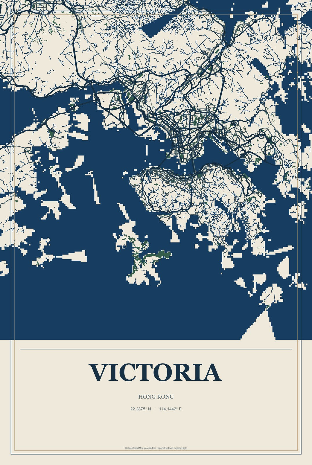 Victoria, Hong Kong City Map Aluminum Sign in Coastal Cutout style