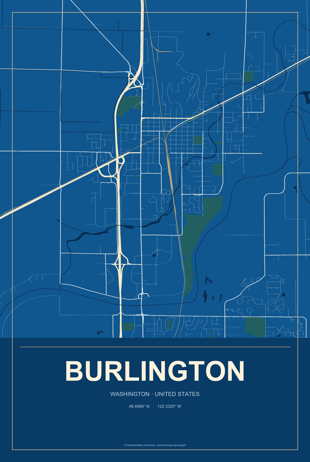 Burlington, Washington City Map Aluminum Sign in Harbor Cobalt style