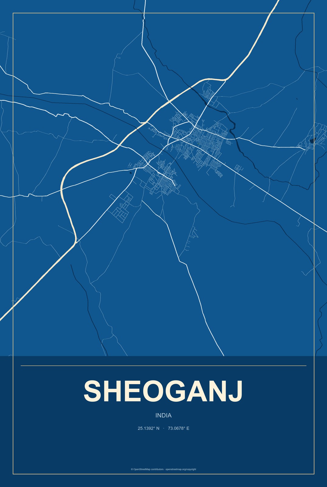 Sheoganj, India City Map Aluminum Sign in Harbor Cobalt style