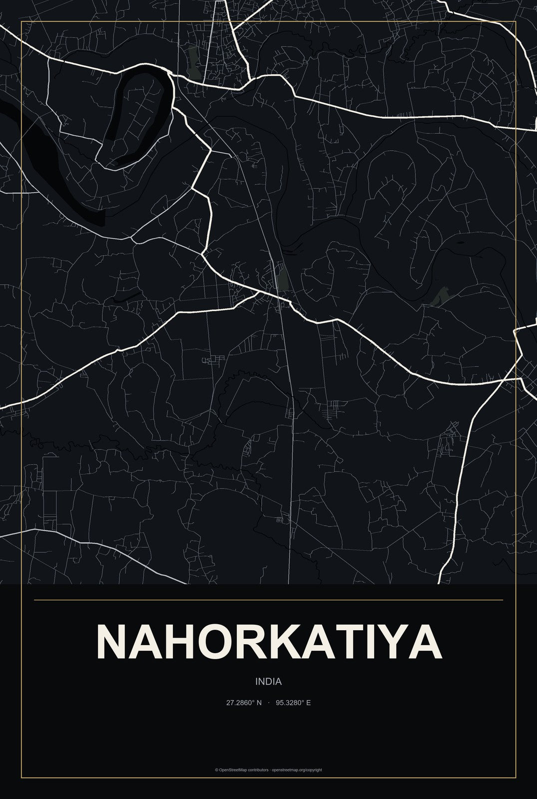 Nahorkatiya, India City Map Aluminum Sign in Metropolitan Noir style