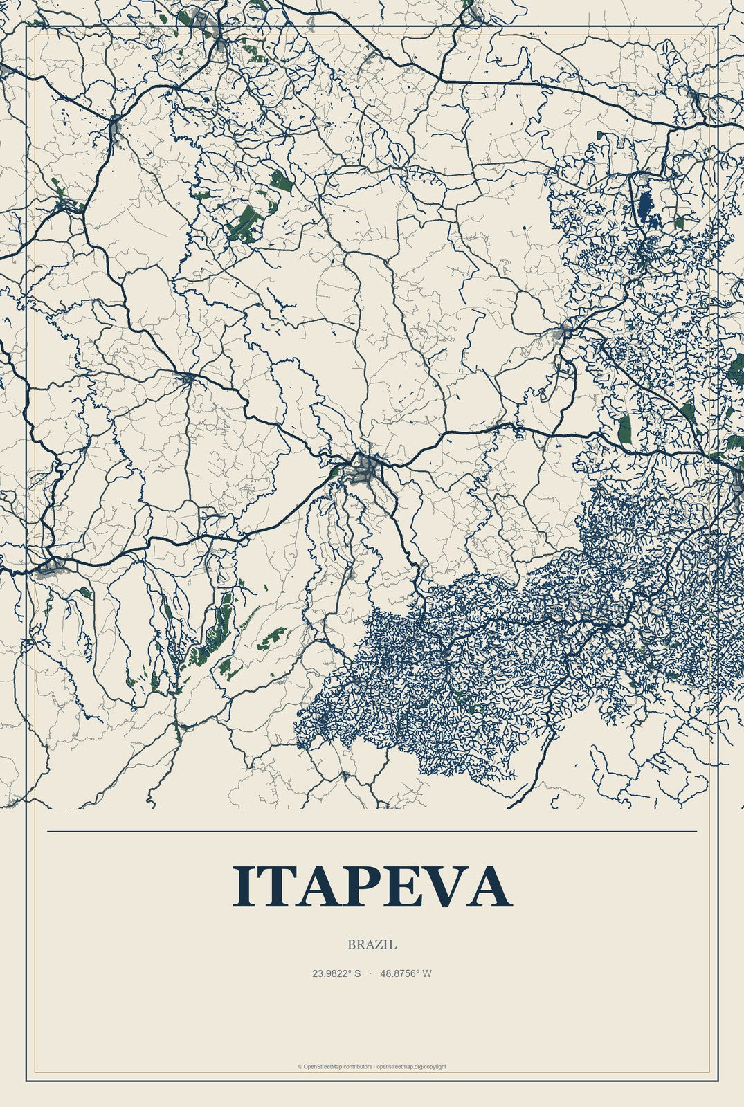 Itapeva, São Paulo, Brazil City Map Aluminum Sign in Coastal Cutout style
