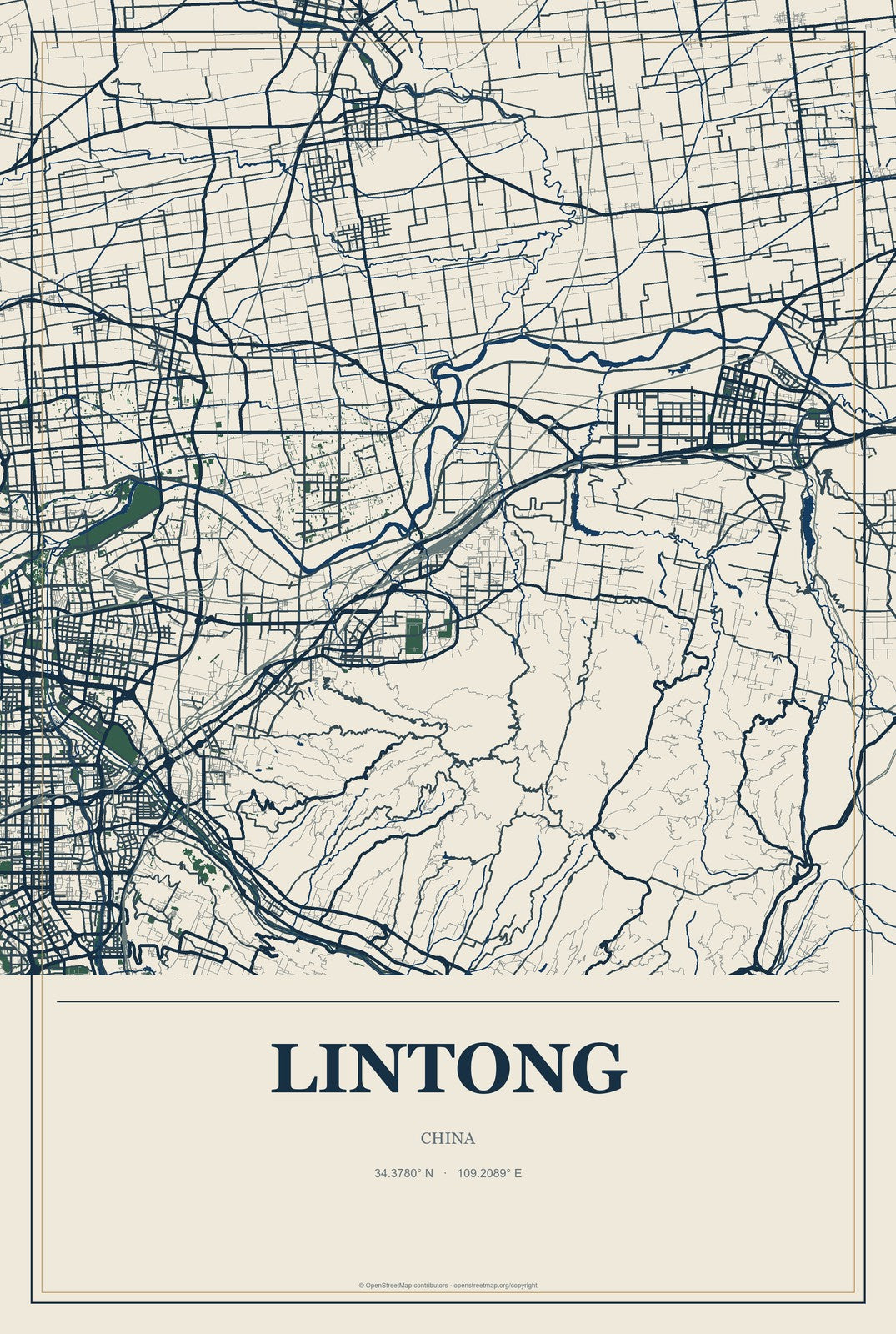 Lintong, China City Map Aluminum Sign in Coastal Cutout style