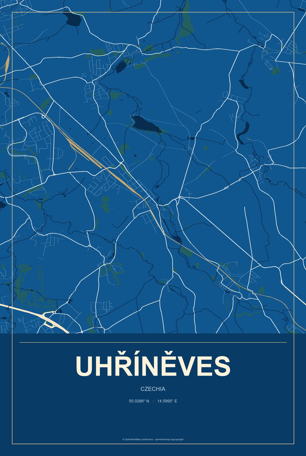 Uhříněves, Czechia City Map Aluminum Sign in Harbor Cobalt style