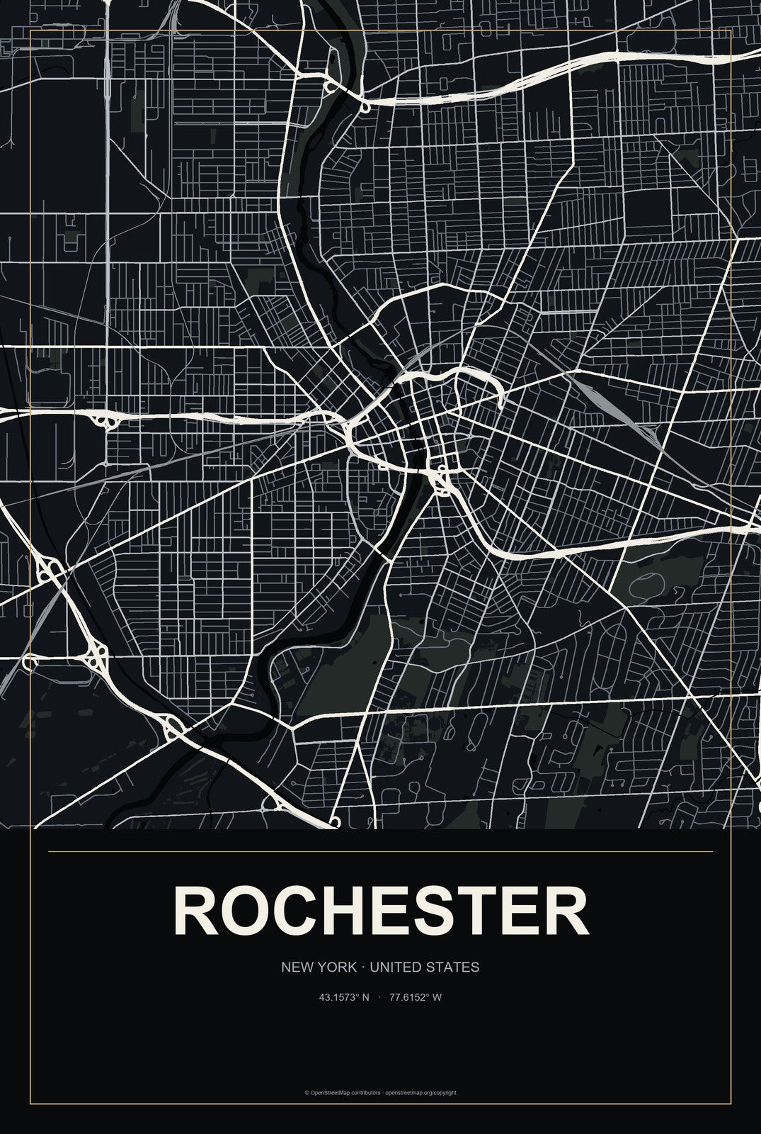 Rochester, New York City Map Aluminum Sign in Metropolitan Noir style