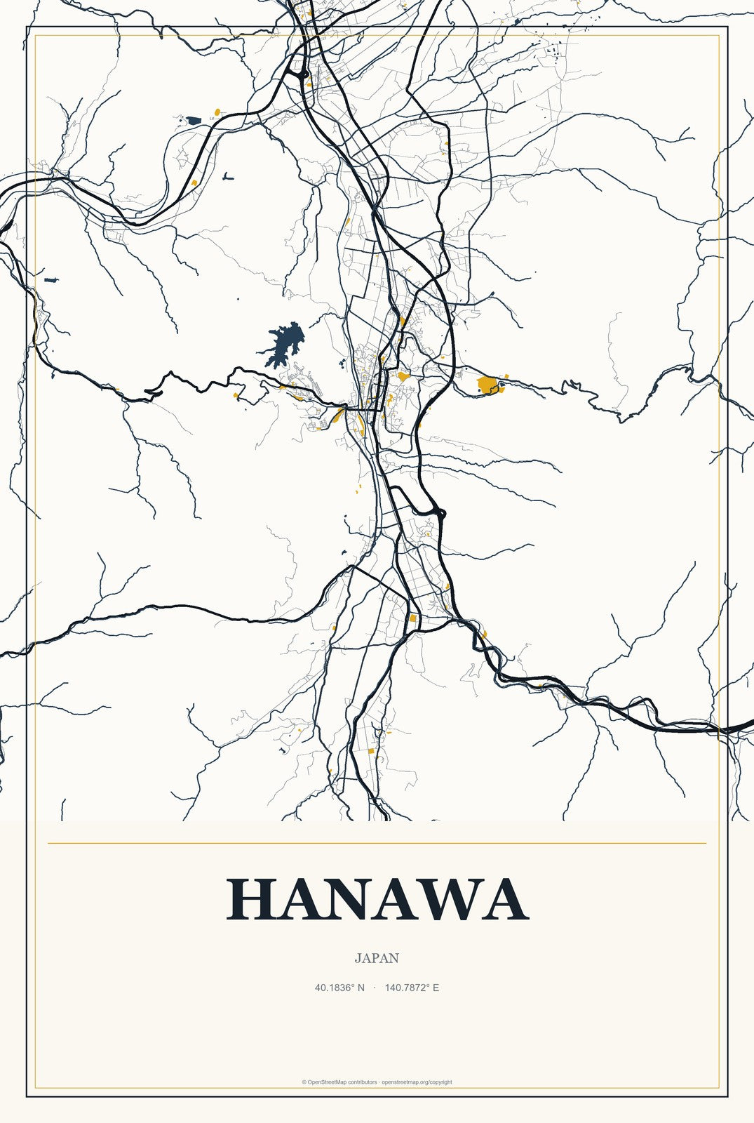 Hanawa, Japan City Map Aluminum Sign in Citrine Modern style