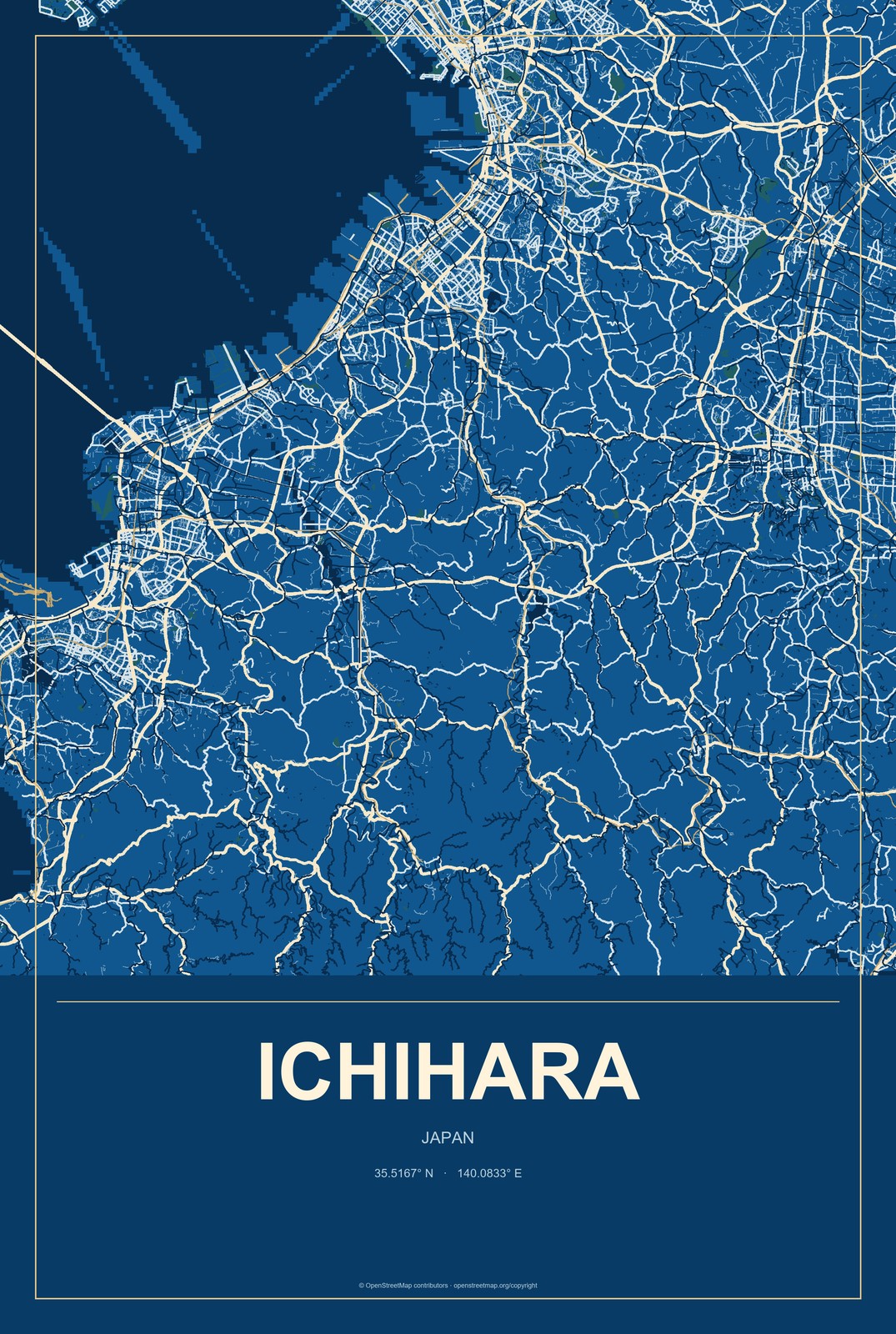 Ichihara, Japan City Map Aluminum Sign in Harbor Cobalt style