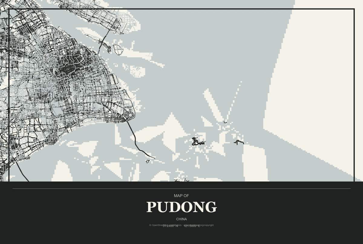 Pudong, China City Map Aluminum Sign in Museum Plaque style