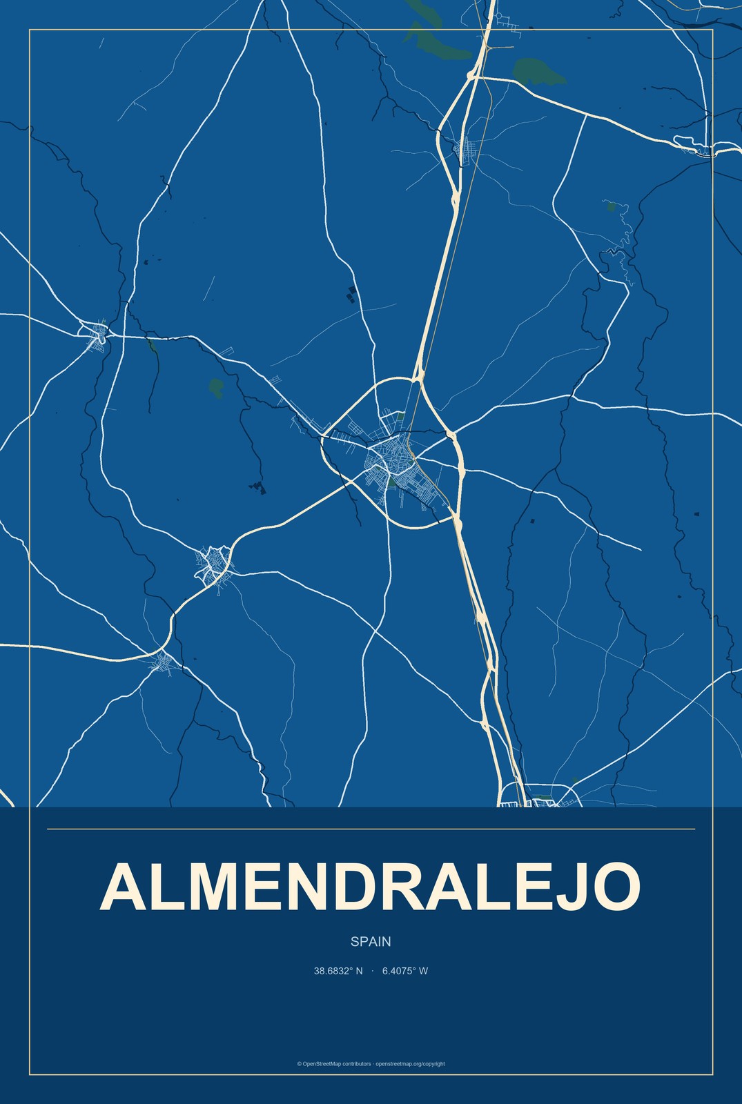 Almendralejo, Spain City Map Aluminum Sign in Harbor Cobalt style