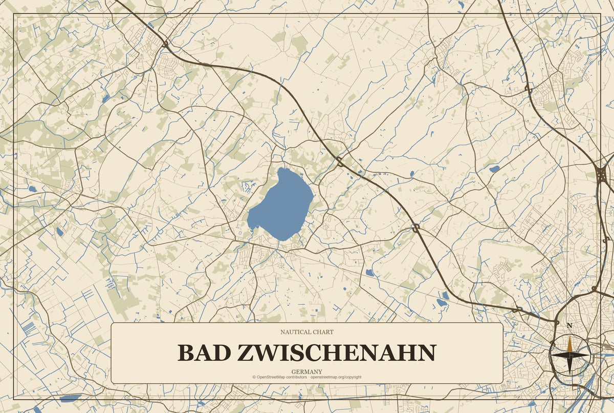 Bad Zwischenahn, Germany City Map Aluminum Sign in Heritage Nautical style