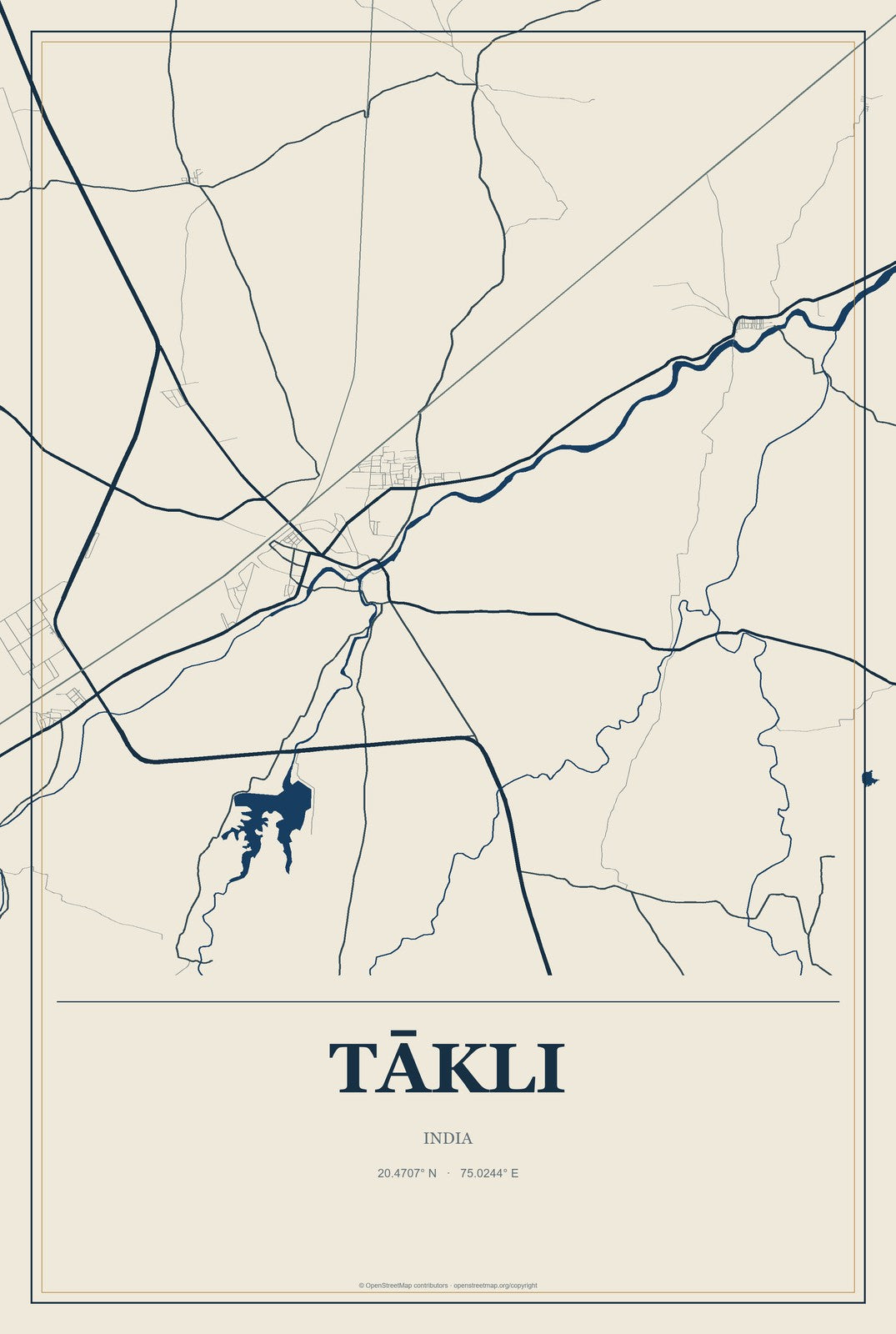 Tākli, India City Map Aluminum Sign in Coastal Cutout style