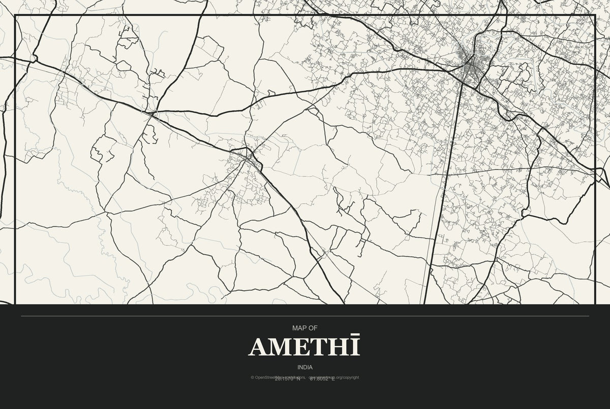 Amethī, India City Map Aluminum Sign in Museum Plaque style