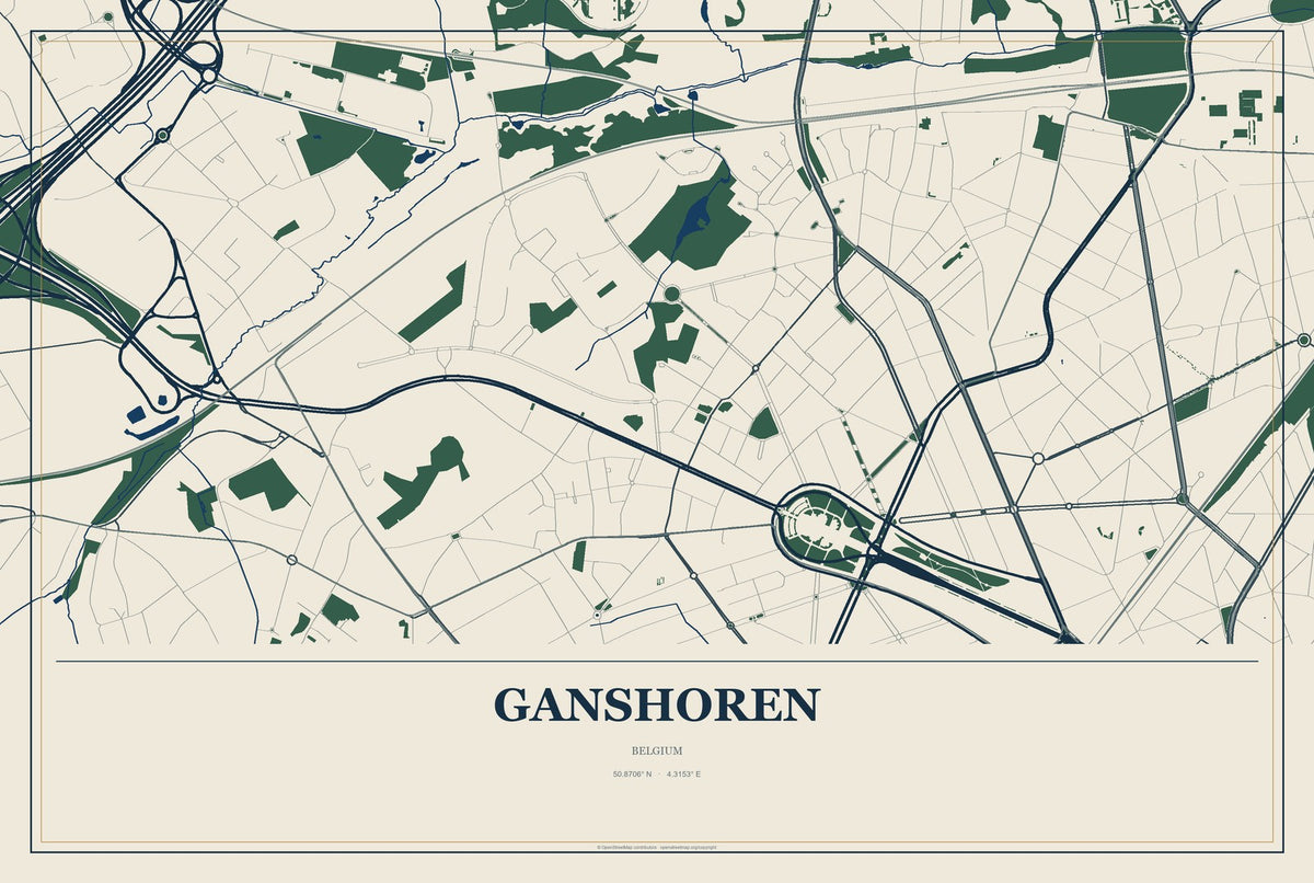 Ganshoren, Belgium City Map Aluminum Sign in Coastal Cutout style