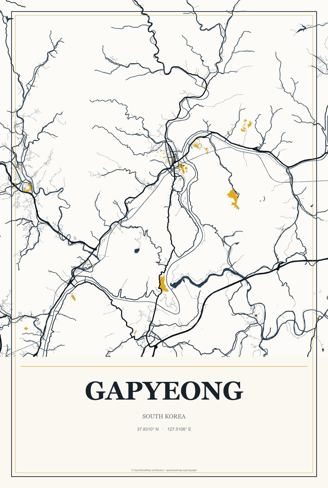 Gapyeong, South Korea City Map Aluminum Sign in Citrine Modern style
