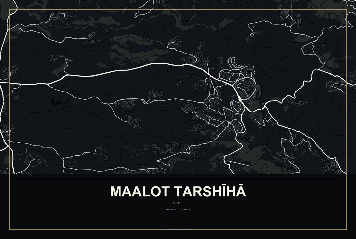 maalot Tarshīhā, Israel City Map Aluminum Sign in Metropolitan Noir style