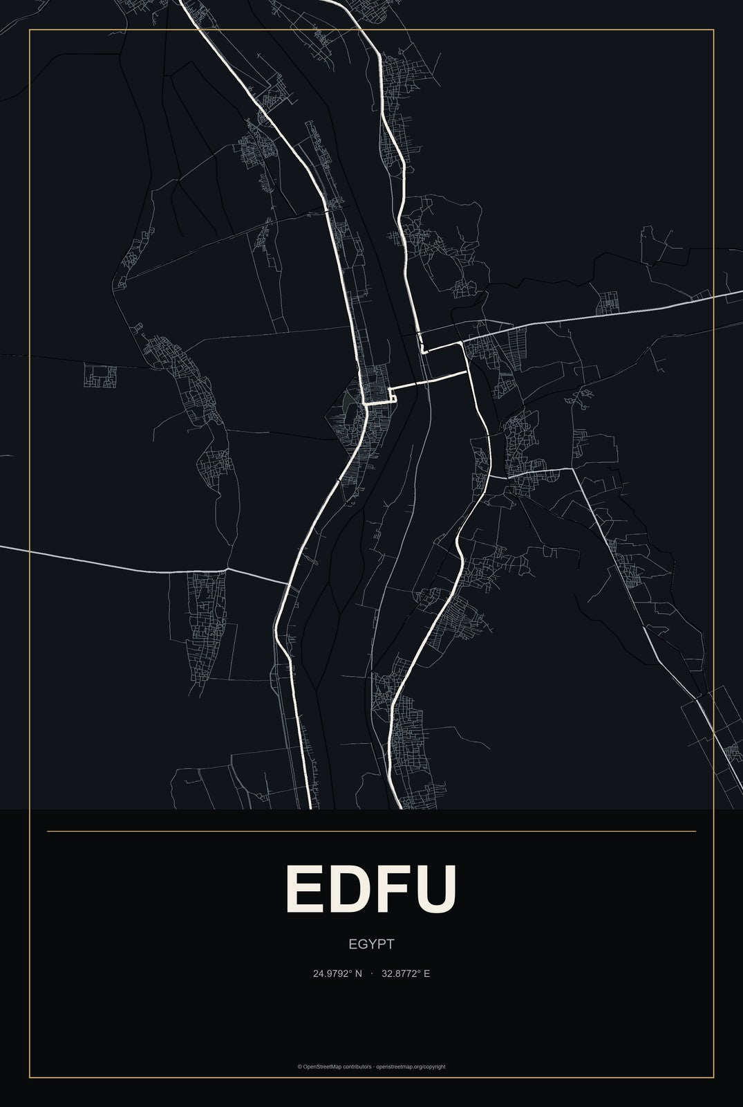 Edfu, Egypt City Map Aluminum Sign in Metropolitan Noir style