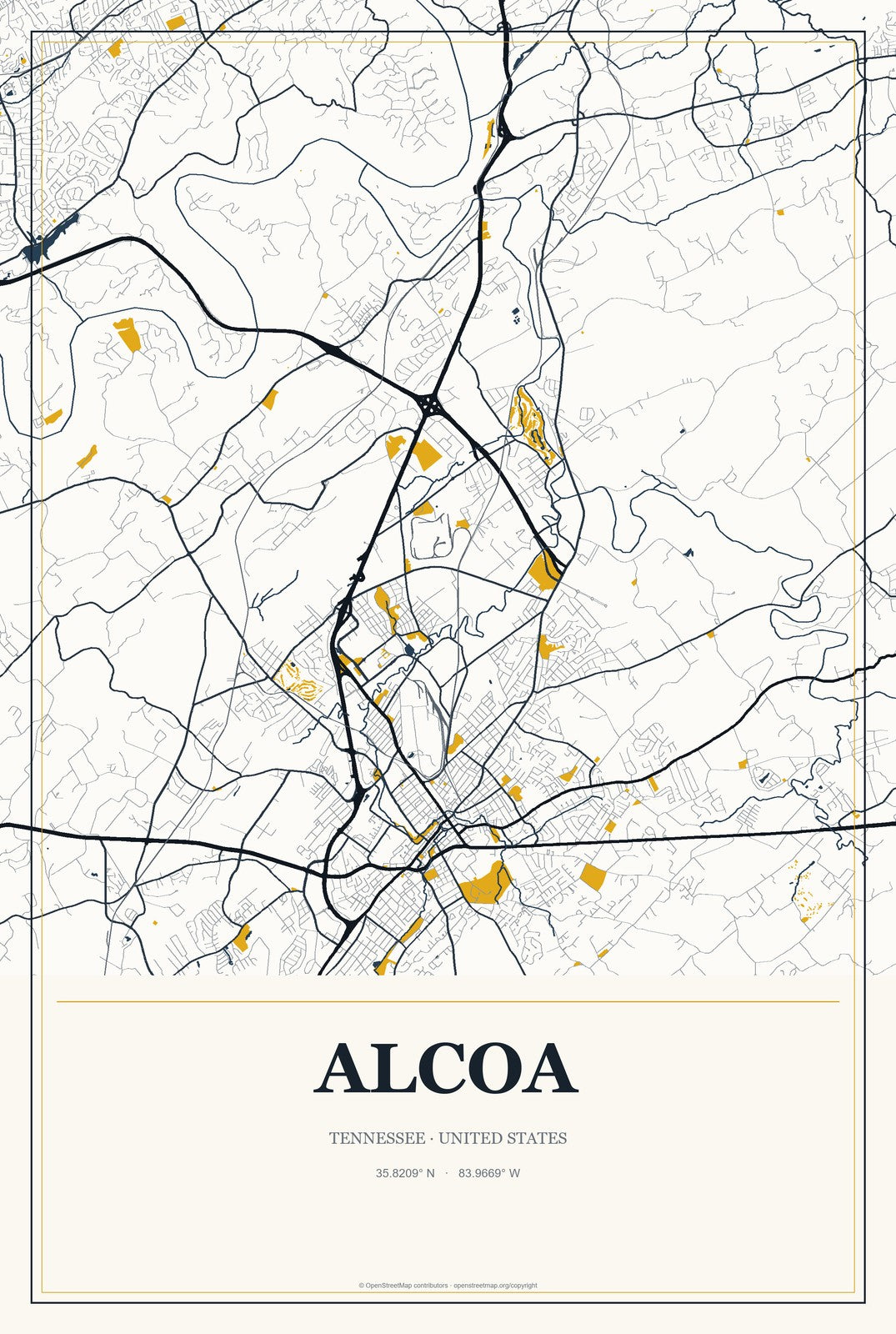Alcoa, Tennessee City Map Aluminum Sign in Citrine Modern style