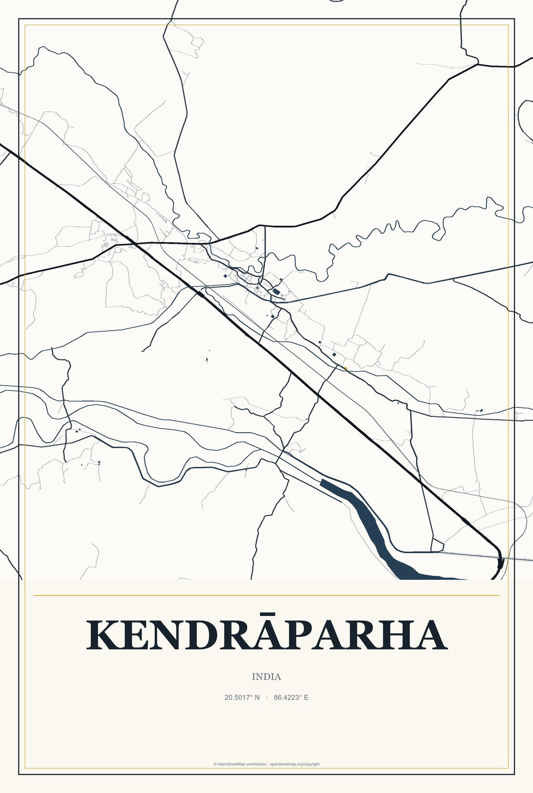 Kendrāparha, India City Map Aluminum Sign in Citrine Modern style