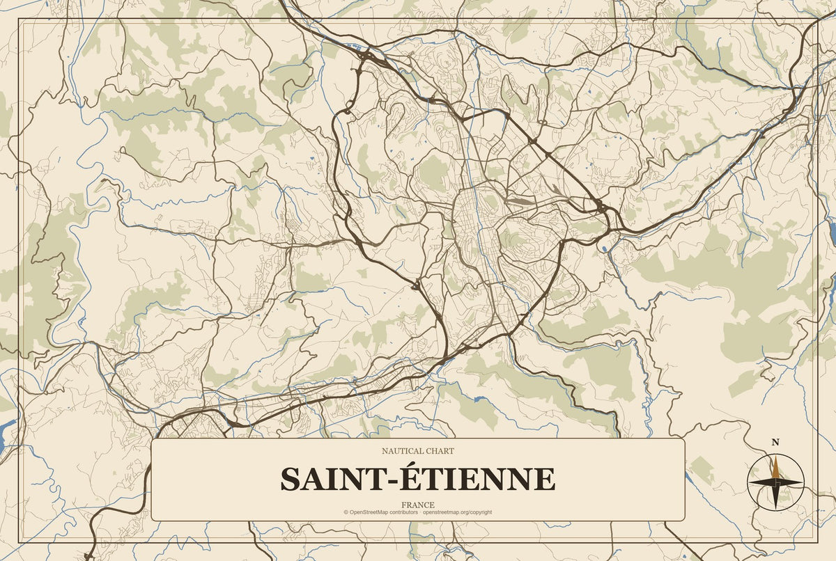 Saint-Étienne, France City Map Aluminum Sign in Heritage Nautical style