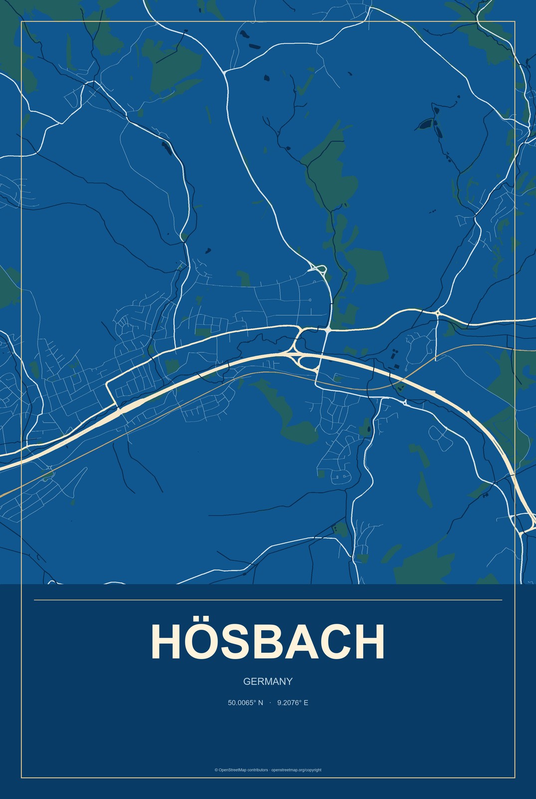 Hösbach, Germany City Map Aluminum Sign in Harbor Cobalt style