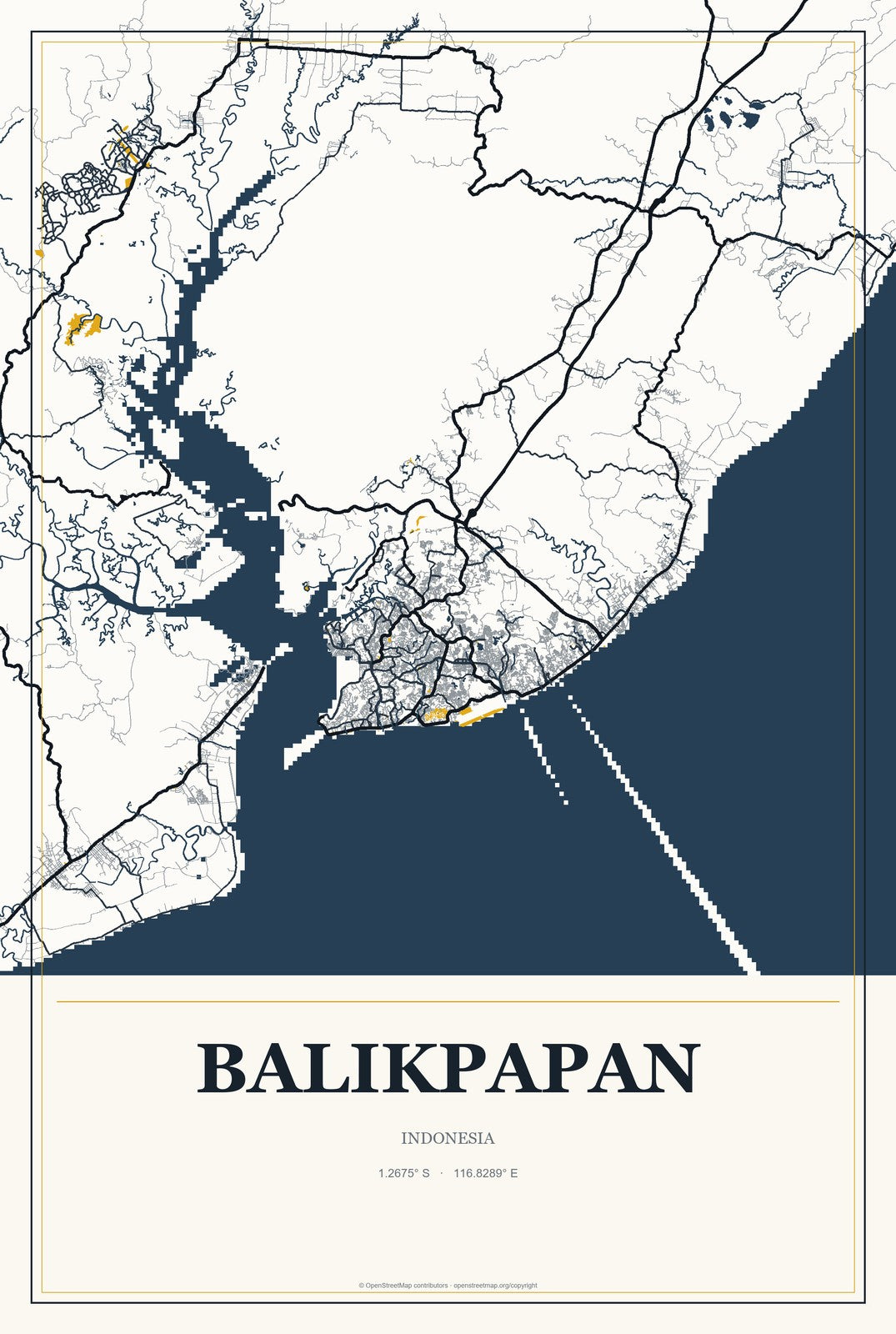 Balikpapan, Indonesia City Map Aluminum Sign in Citrine Modern style