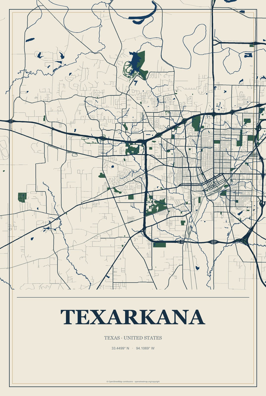 Texarkana, Texas City Map Aluminum Sign in Coastal Cutout style