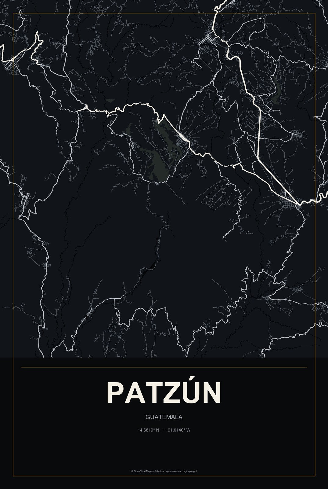 Patzún, Guatemala City Map Aluminum Sign in Metropolitan Noir style