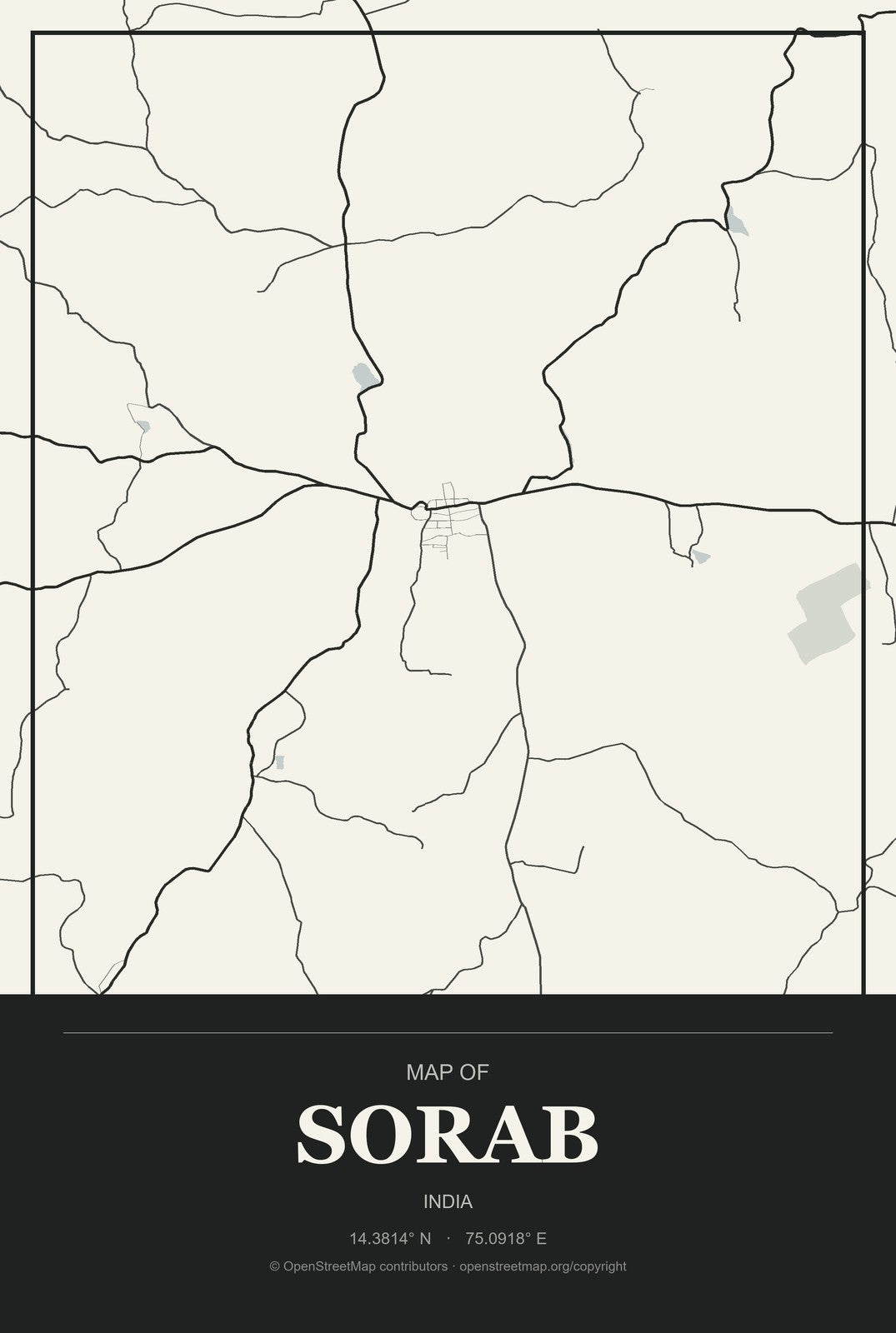 Sorab, India City Map Aluminum Sign in Museum Plaque style