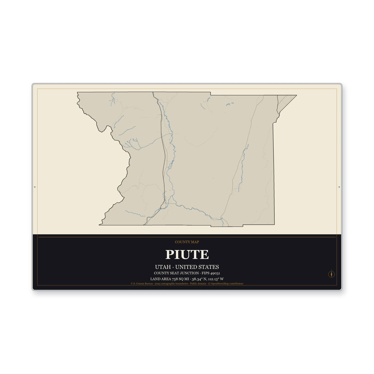 Piute County, Utah Map Aluminum Sign in Museum Plaque style