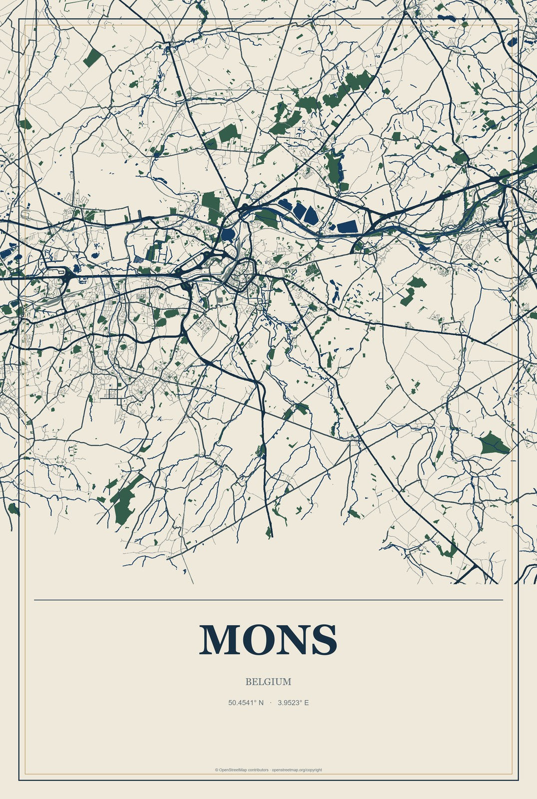 Mons, Belgium City Map Aluminum Sign in Coastal Cutout style
