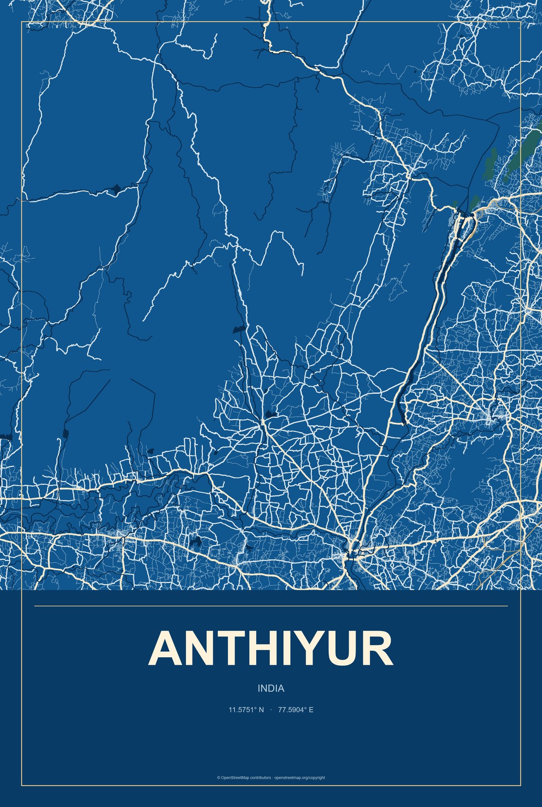 Anthiyur, India City Map Aluminum Sign in Harbor Cobalt style