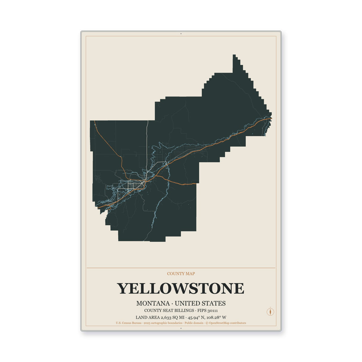 Yellowstone County, Montana Map Aluminum Sign in Headline Atlas style