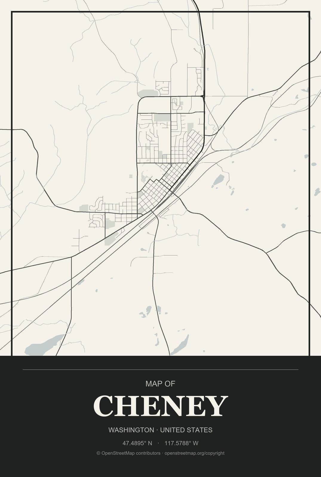 Cheney, Washington City Map Aluminum Sign in Museum Plaque style