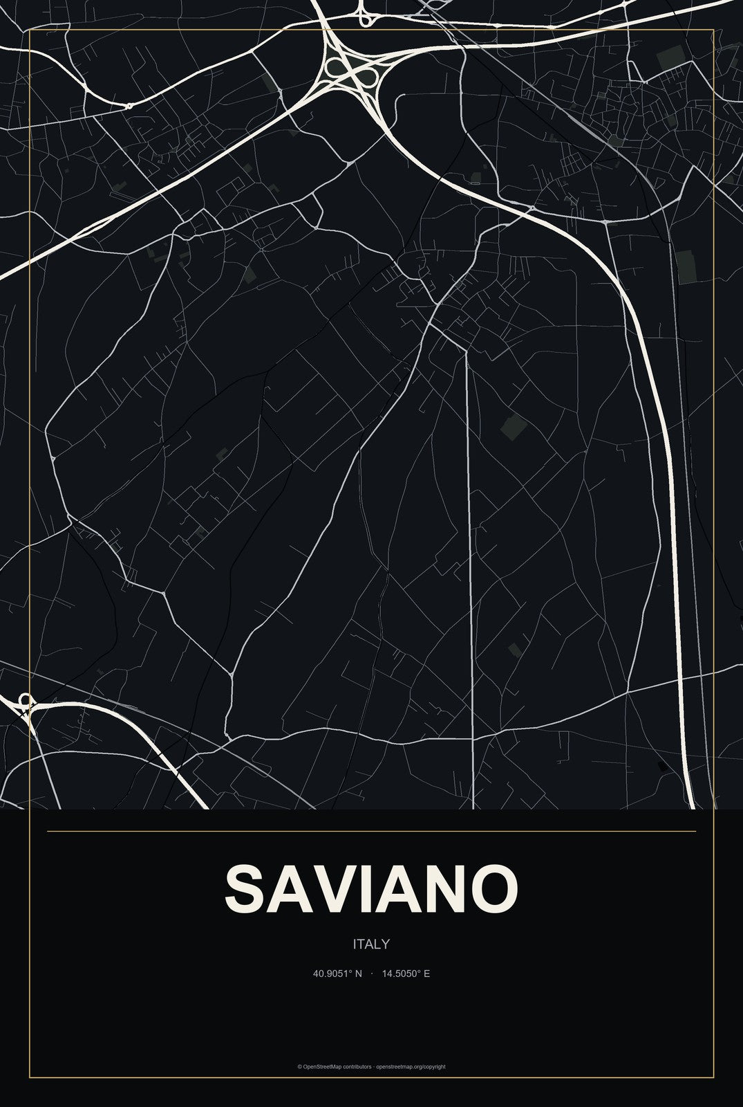 Saviano, Italy City Map Aluminum Sign in Metropolitan Noir style