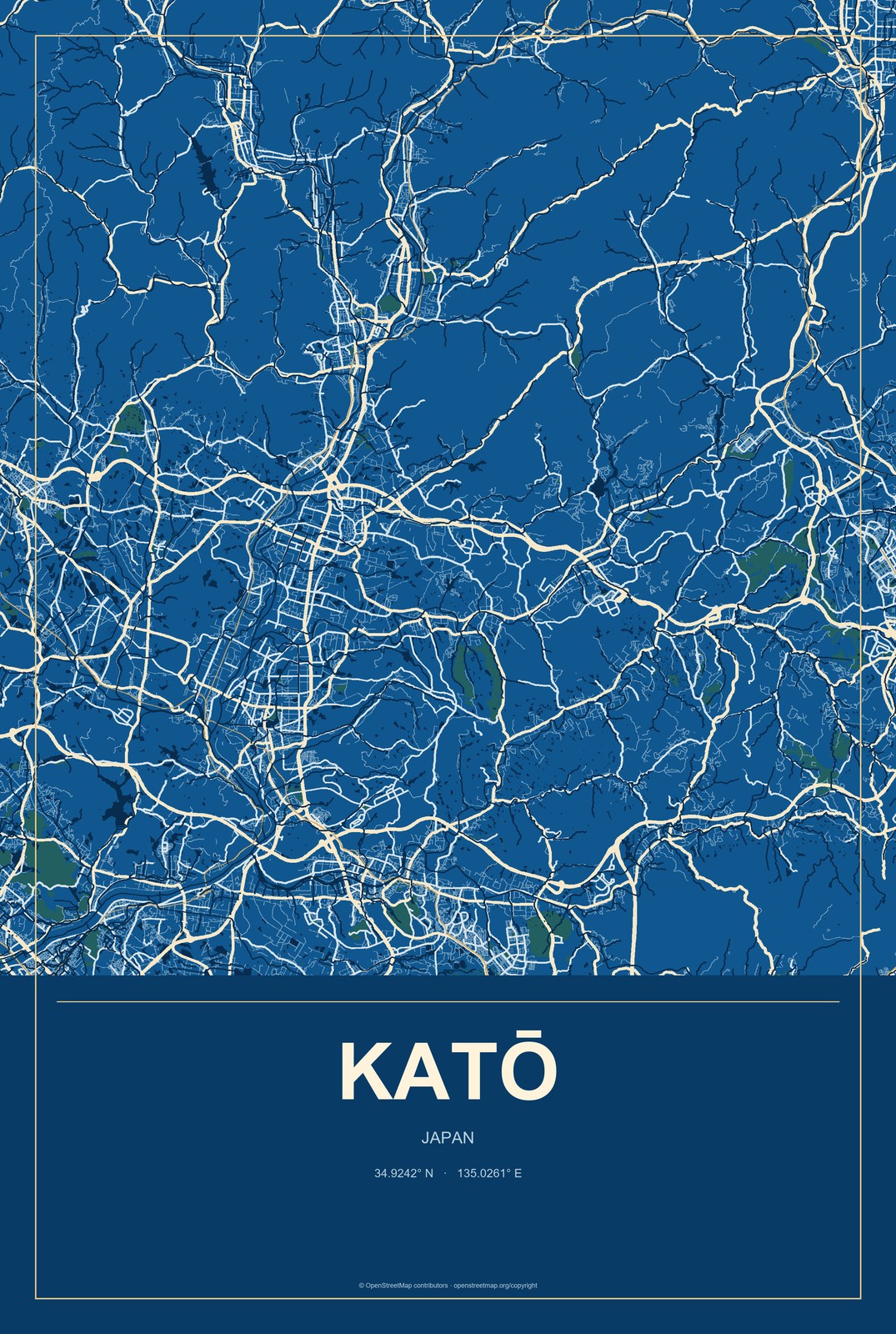 Katō, Japan City Map Aluminum Sign in Harbor Cobalt style