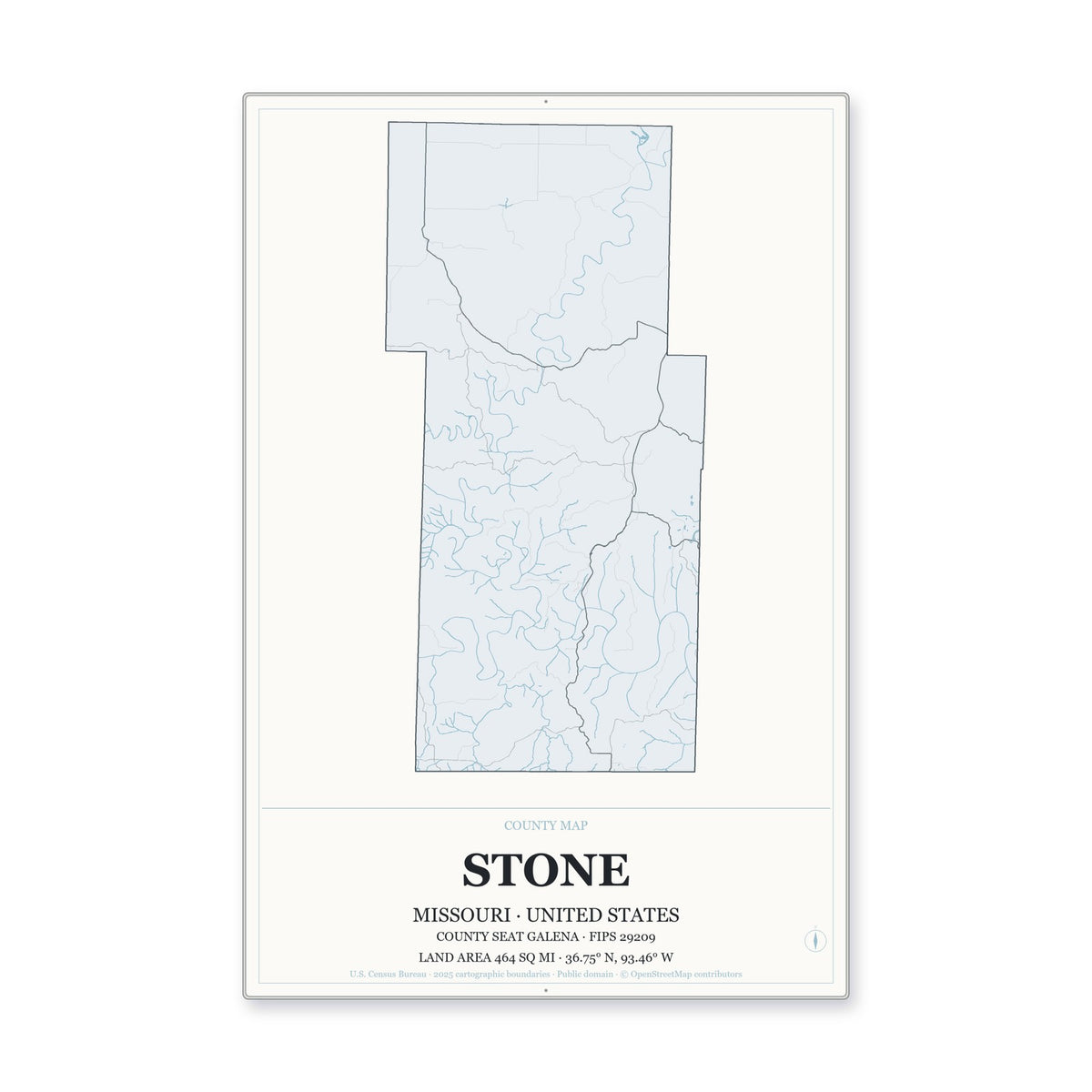 Stone County, Missouri Map Aluminum Sign in Gallery Air style