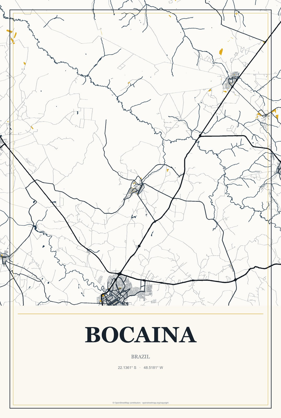 Bocaina, Brazil City Map Aluminum Sign in Citrine Modern style