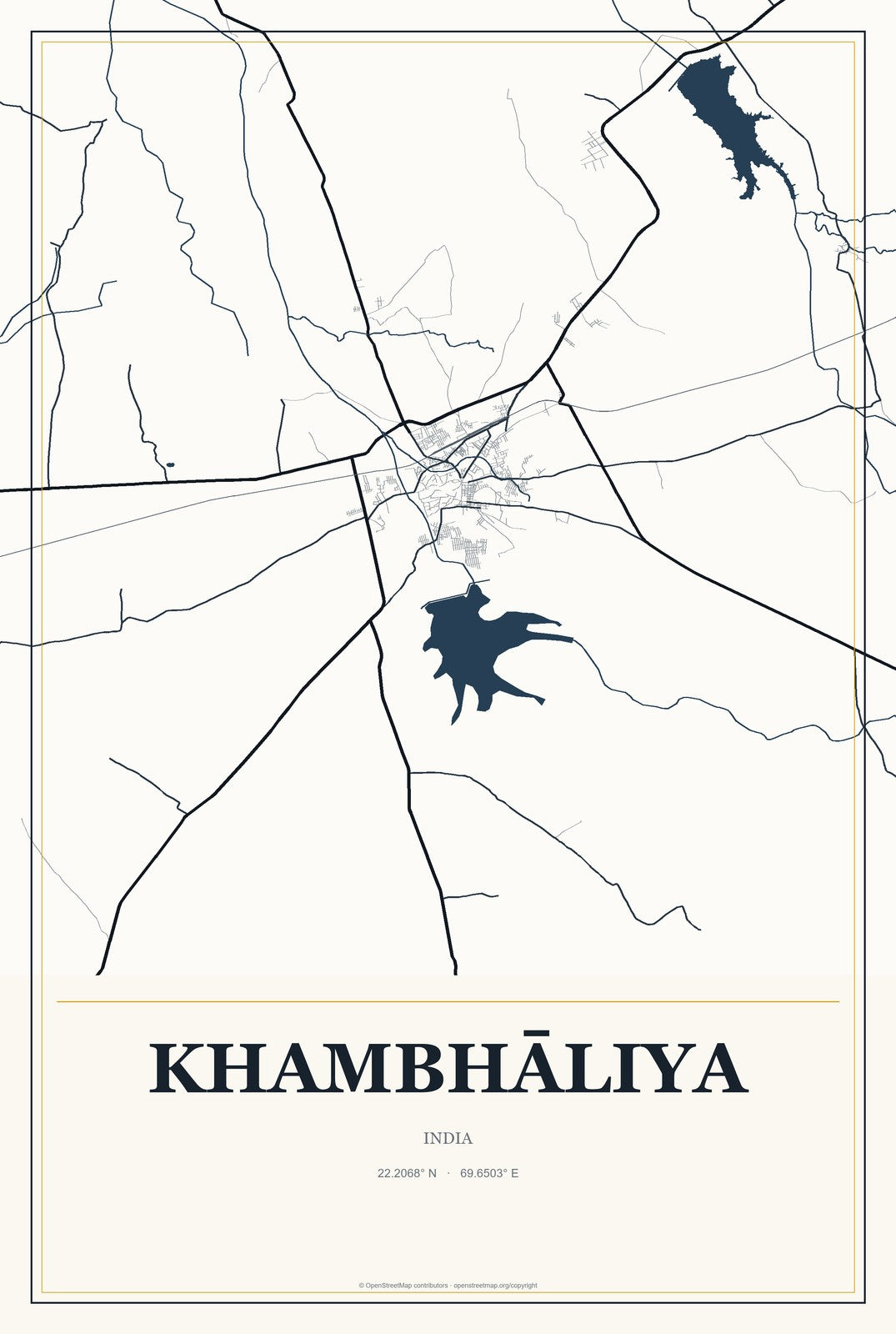 Khambhāliya, India City Map Aluminum Sign in Citrine Modern style